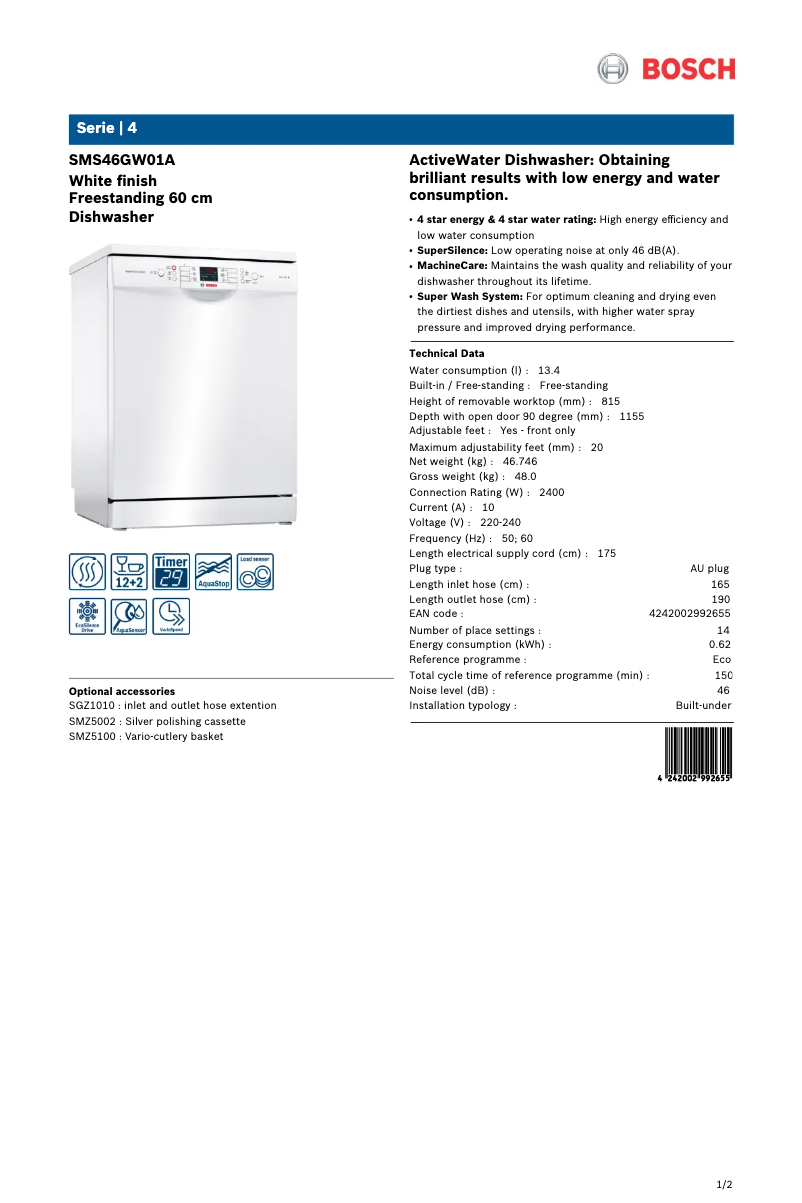 Imagen de la primera página del manual del dispositivo SMS46GW01A