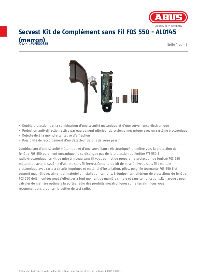 Página 1 del manual Ficha técnica Abus FUFT50038B