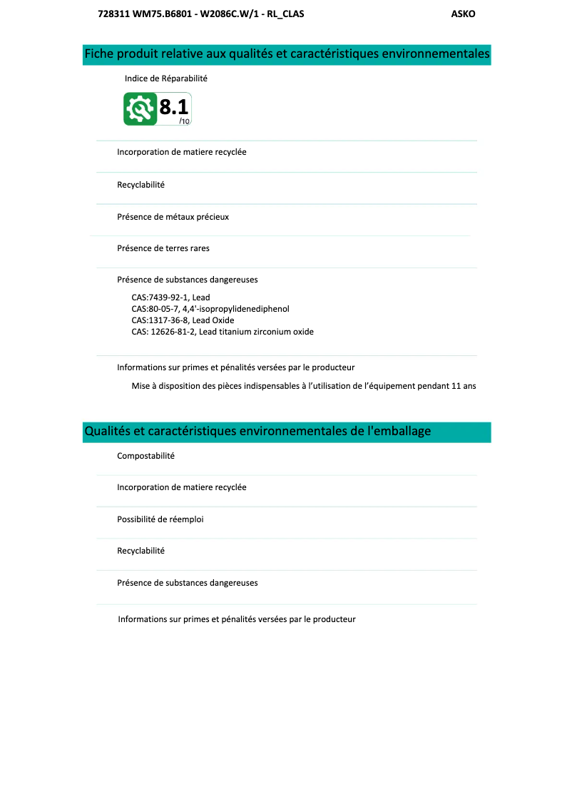 Página 1 del manual Ficha técnica Asko W2086CW1