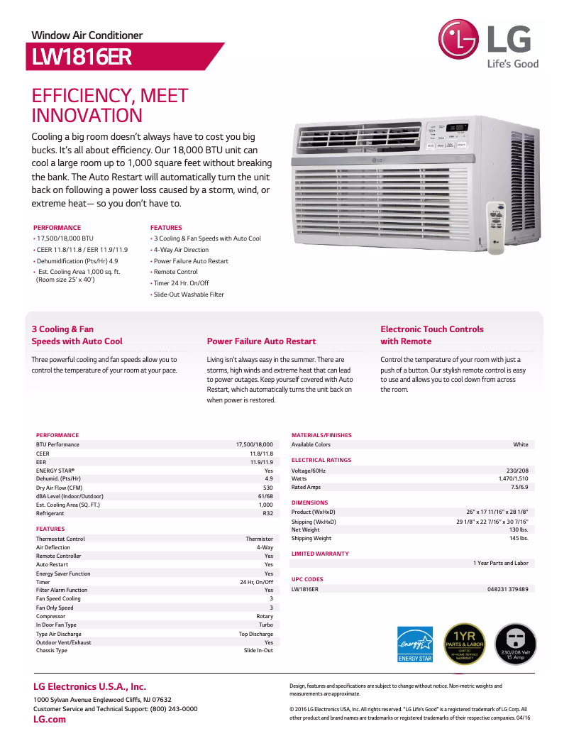 Página 1 del manual Ficha técnica LG LW1816ER