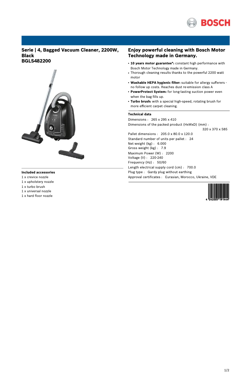 Página 1 del manual Ficha técnica Bosch BGLS482200