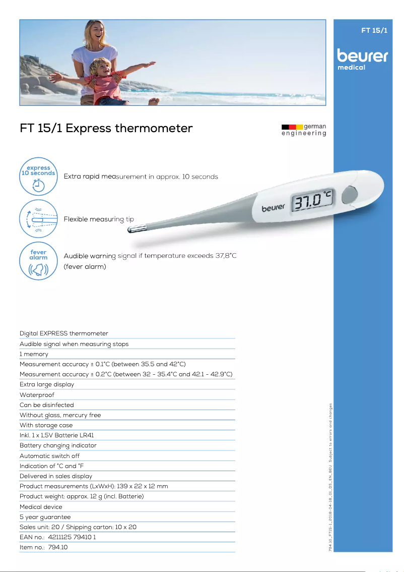 Página 1 del manual Ficha técnica Beurer FT 15/1