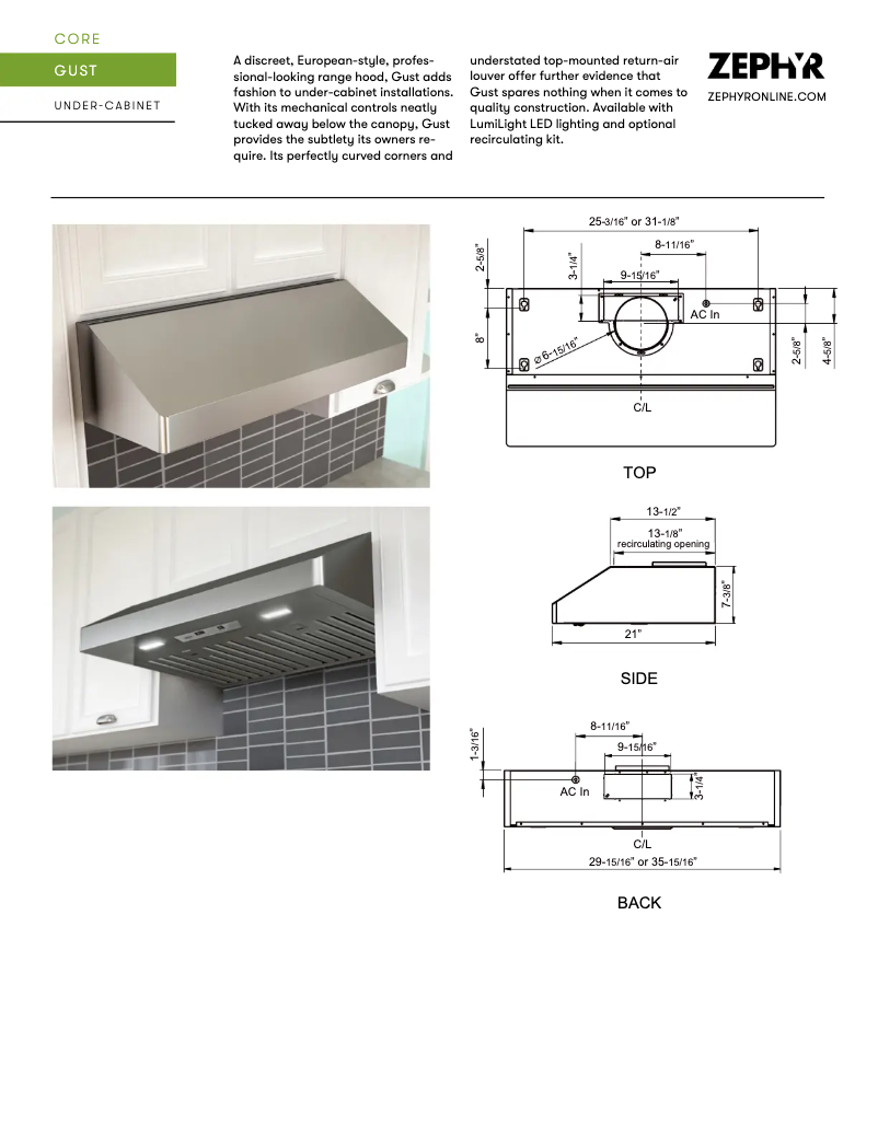 Página 1 del manual Ficha técnica Zephyr AK7100BS290-BF