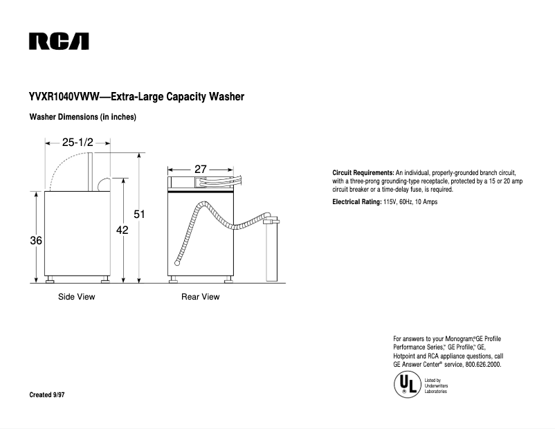 Página 1 del manual Ficha técnica RCA YVXR1040VWW