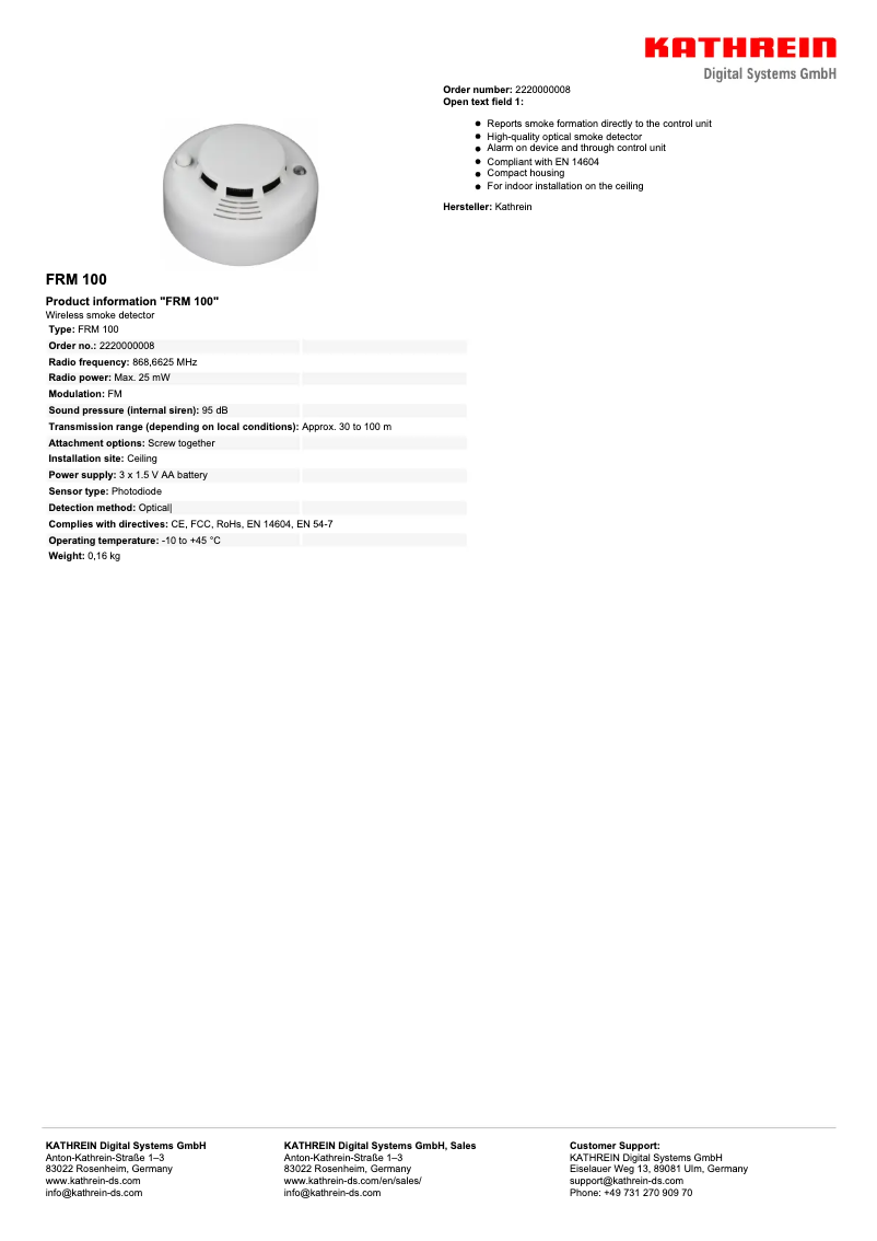 Página 1 del manual Ficha técnica Kathrein FRM 100