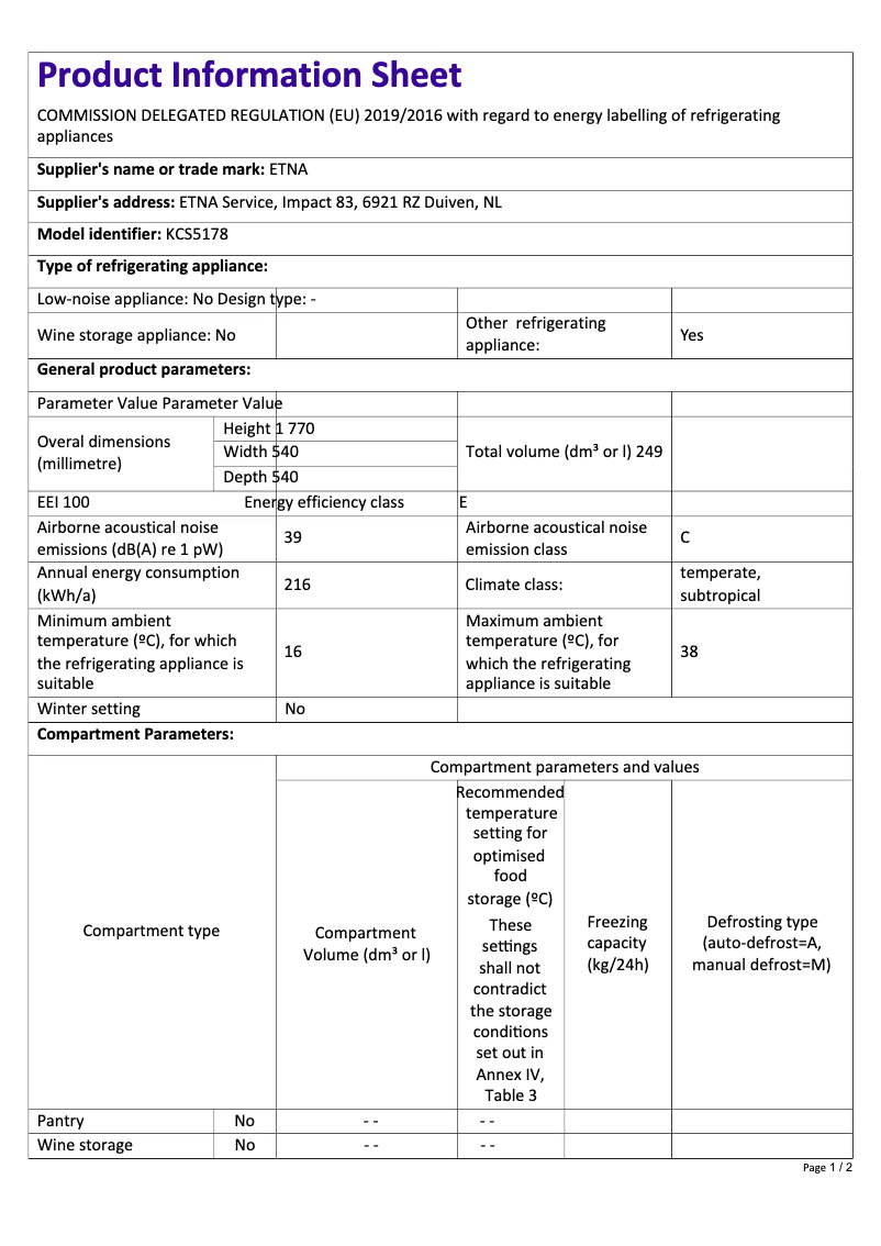 Página 1 del manual Ficha técnica Etna KCS5178