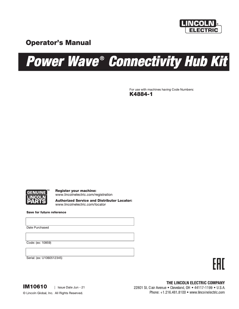 Página nº 1 - Manual de usuario Lincoln Electric Power Wave Connectivity Hub Kit
