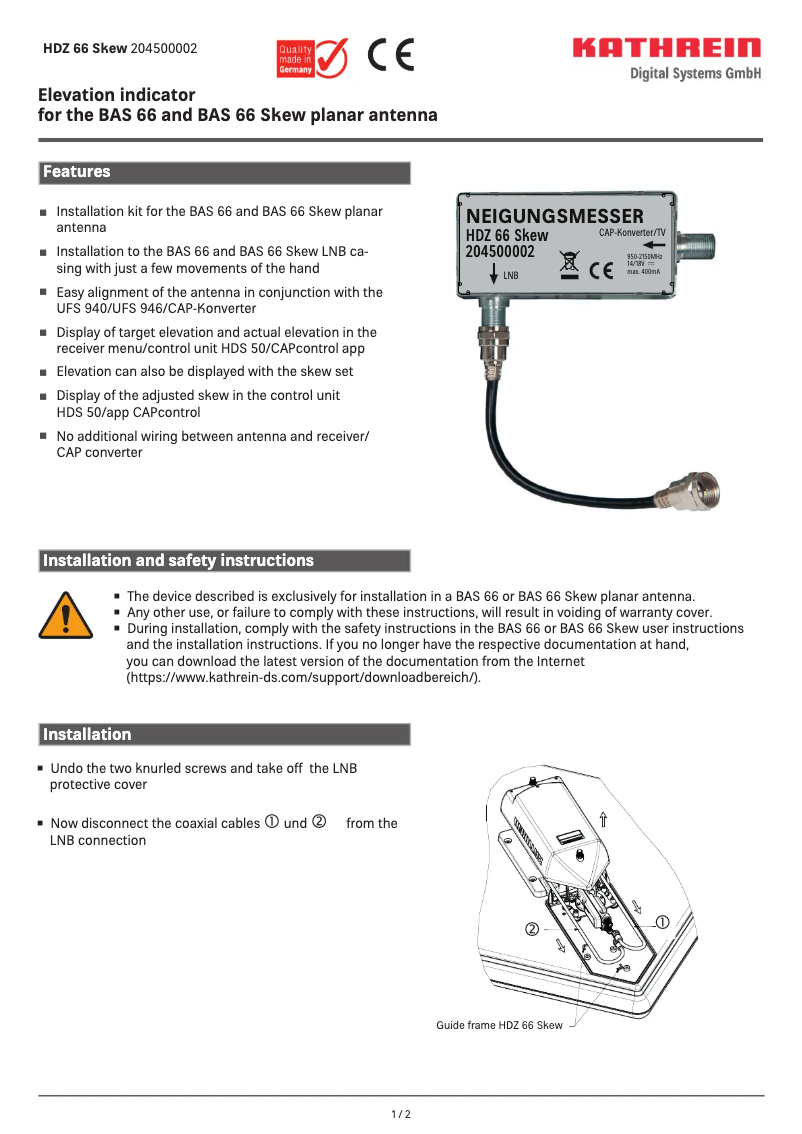 Imagen de la primera página del manual del dispositivo HDZ 66 Skew