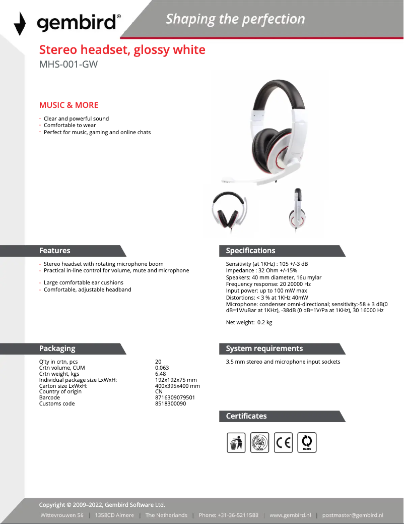 Página 1 del manual Manual de usuario Gembird MHS-001-GW