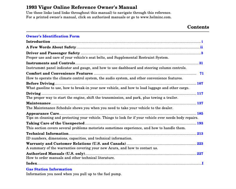 Página 1 del manual Manual de usuario Acura Vigor (1993)