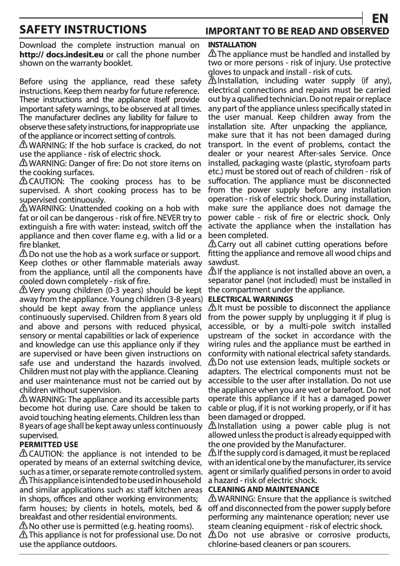 Página 1 del manual Manual de instrucciones Indesit RI 261 X