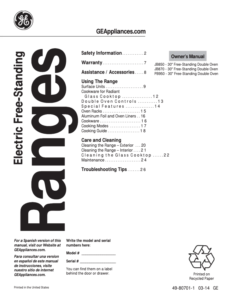 Imagen de la primera página del manual del dispositivo JB850DFWW