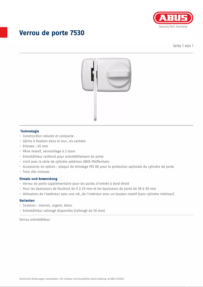 Página 1 del manual Ficha técnica Abus 7530
