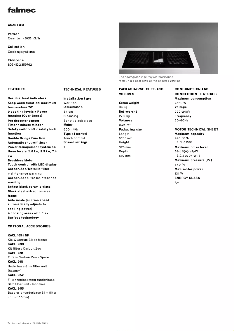 Página 1 del manual Ficha técnica Falmec Quantum