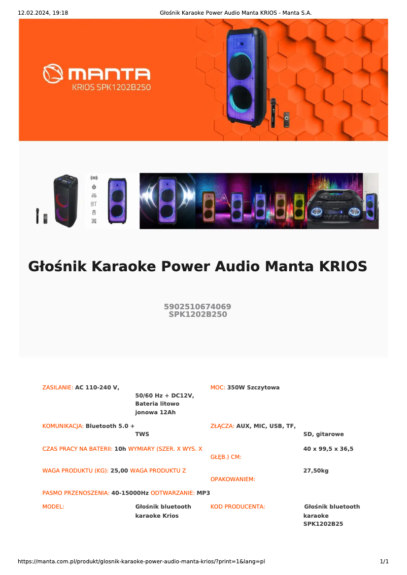 Página 1 del manual Manual de usuario Manta KRIOS SPK1202B250