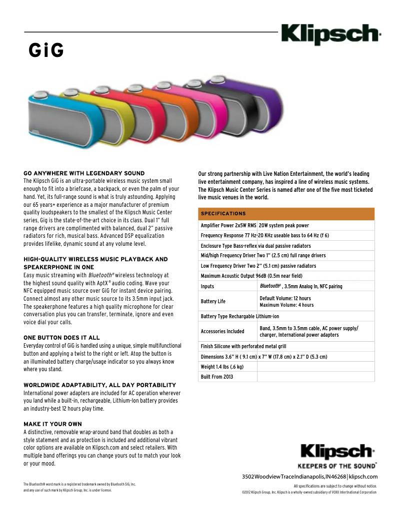 Página 1 del manual Ficha técnica Klipsch GiG