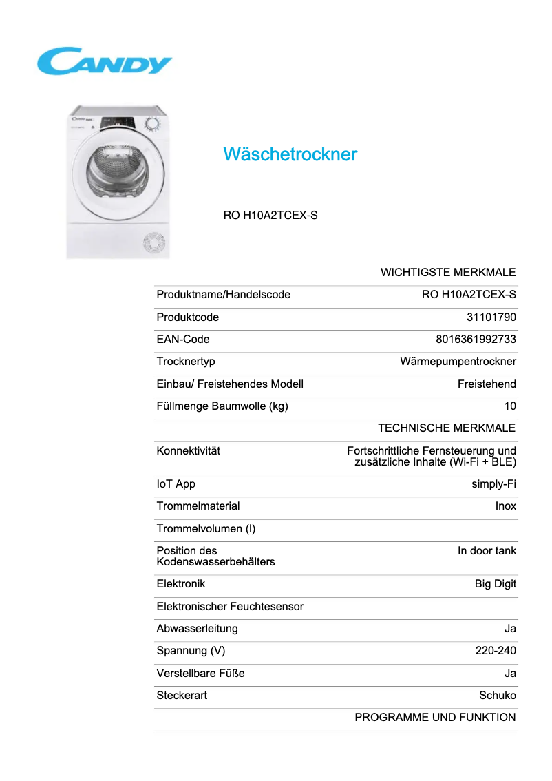 Página 1 del manual Ficha técnica Candy RO H10A2TCEX-S