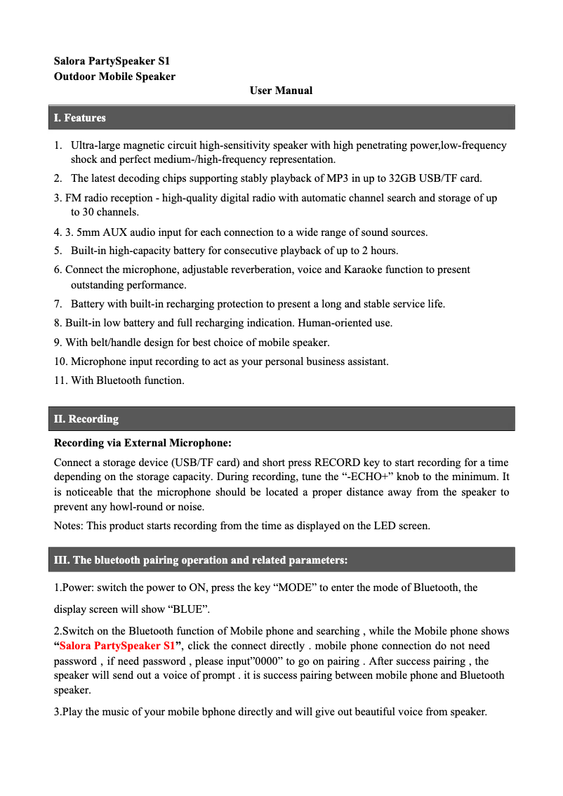 Imagen de la primera página del manual del dispositivo PartySpeaker S1