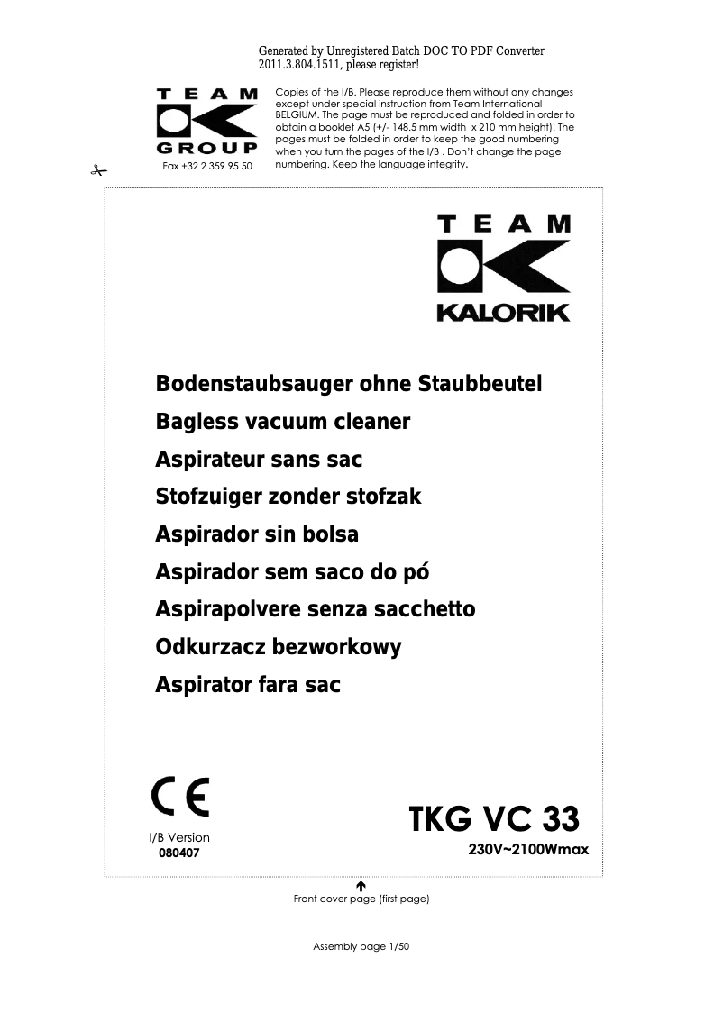 Imagen de la primera página del manual del dispositivo TKG VC 33
