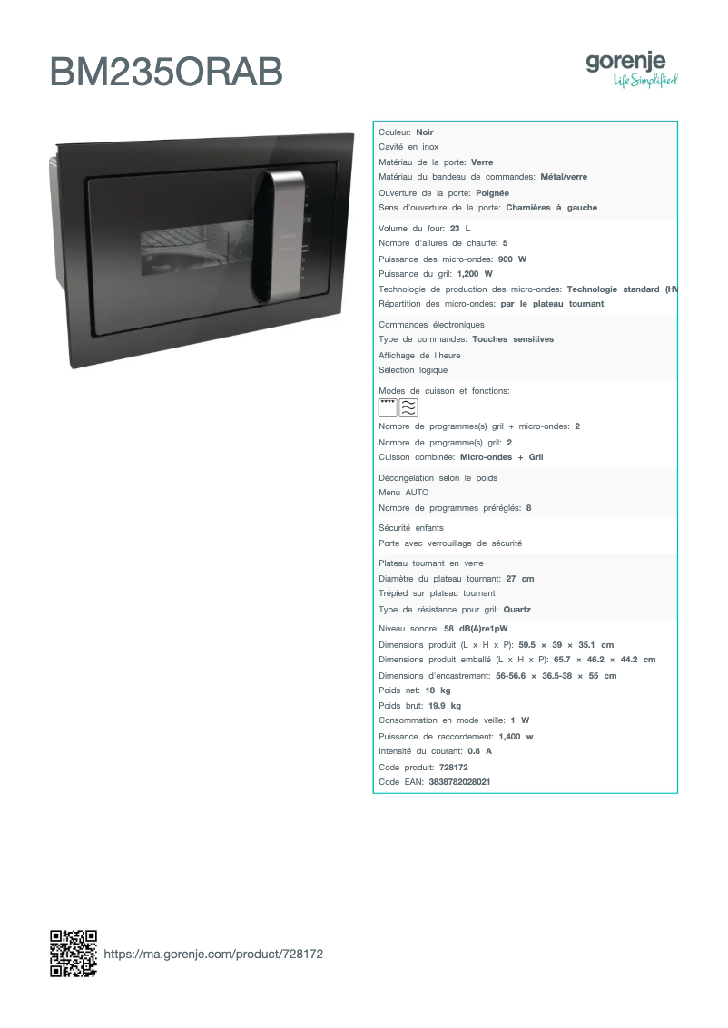 Página 1 del manual Ficha técnica Gorenje BM235ORAB
