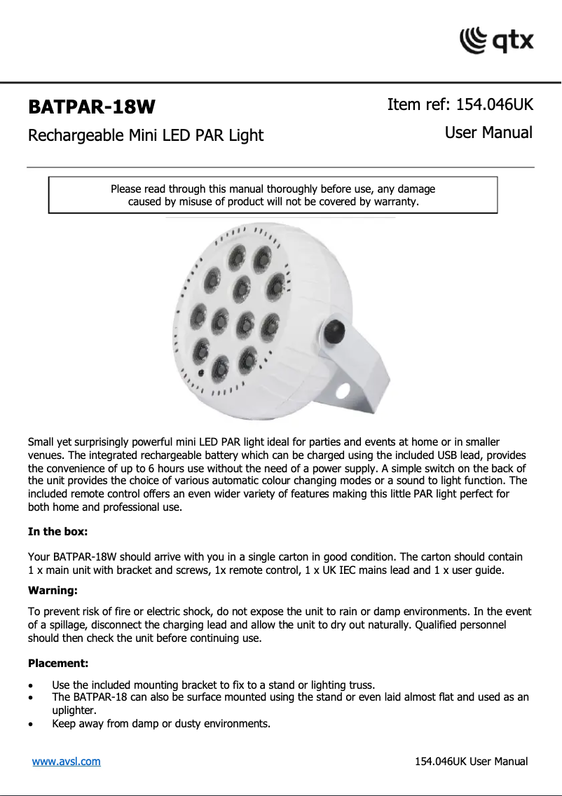 Imagen de la primera página del manual del dispositivo BATPAR-18W