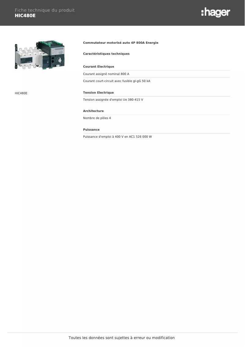 Página 1 del manual Ficha técnica Hager HIC480E