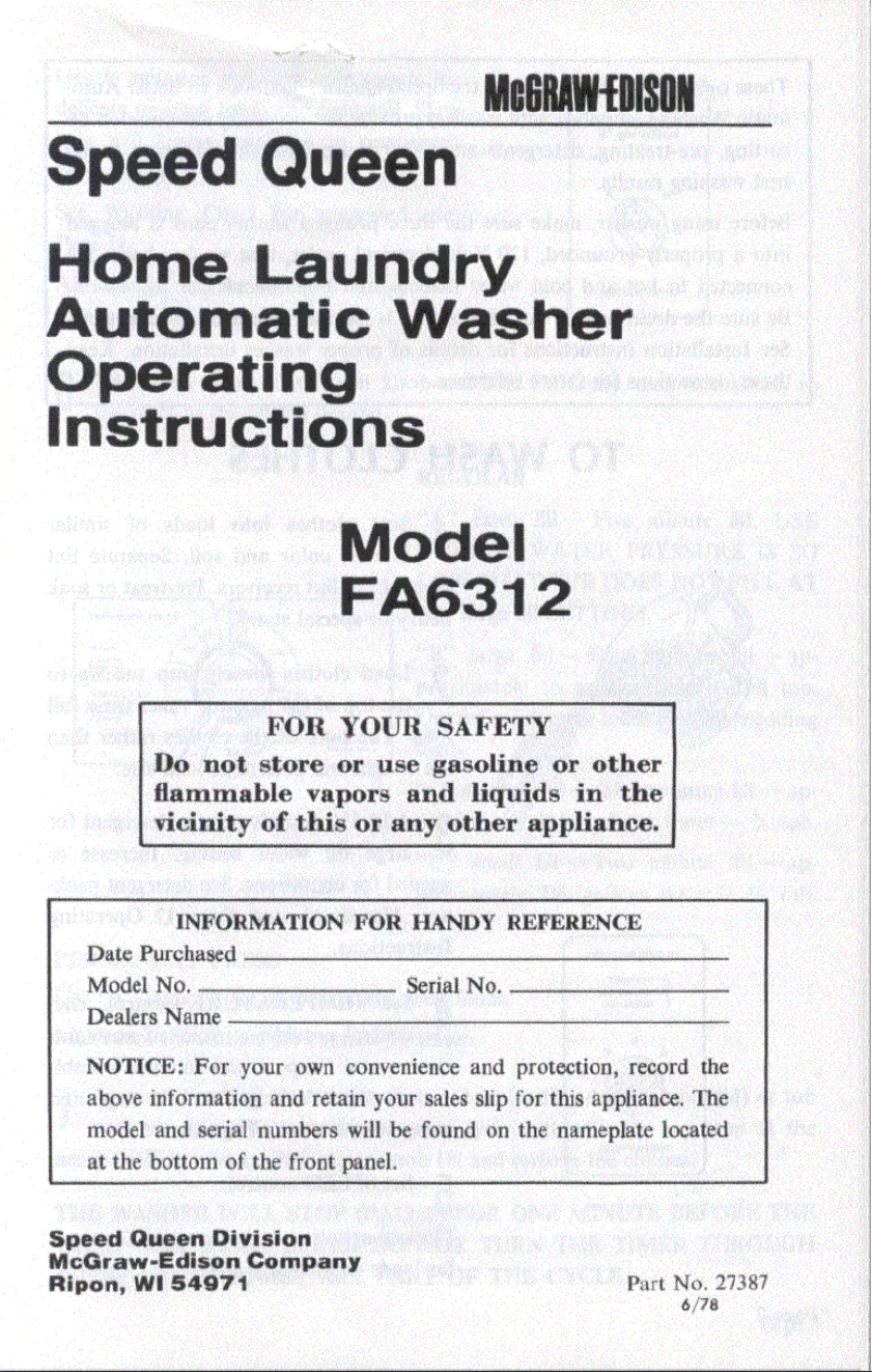 Página 1 del manual Manual de usuario Speed Queen FA6312