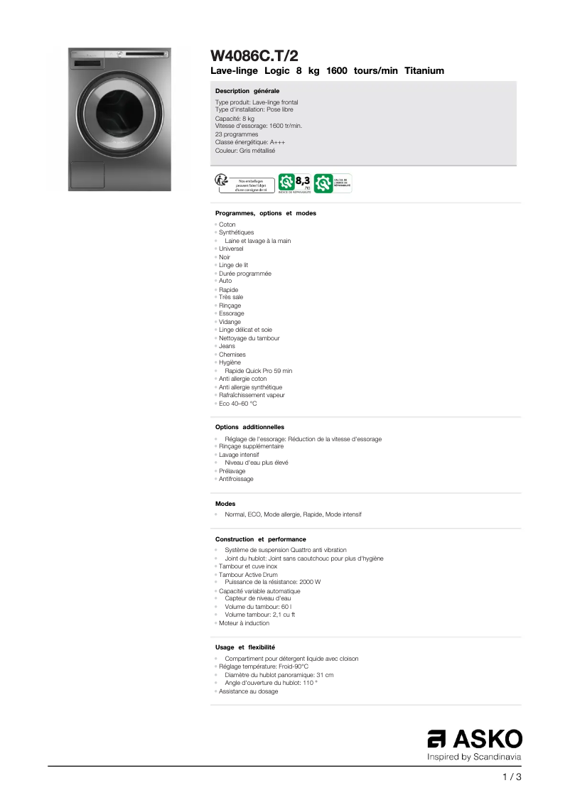 Página 1 del manual Ficha técnica Asko W4086CT2