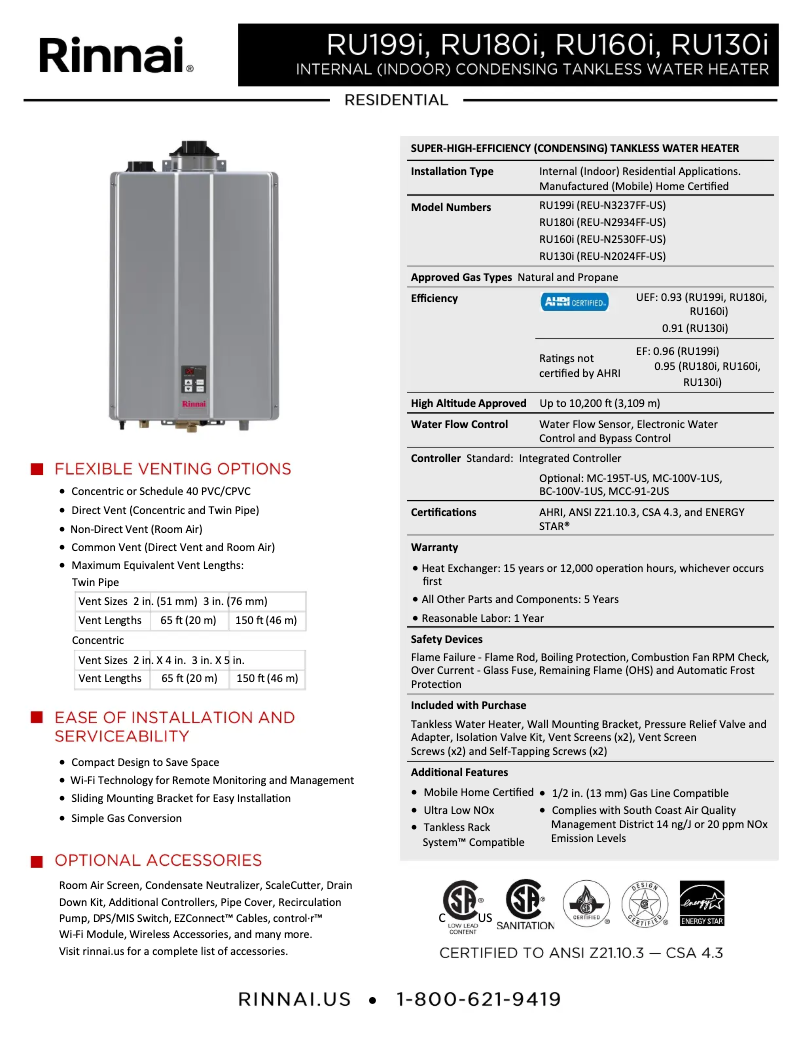 Página 1 del manual Ficha técnica Rinnai RU160iP