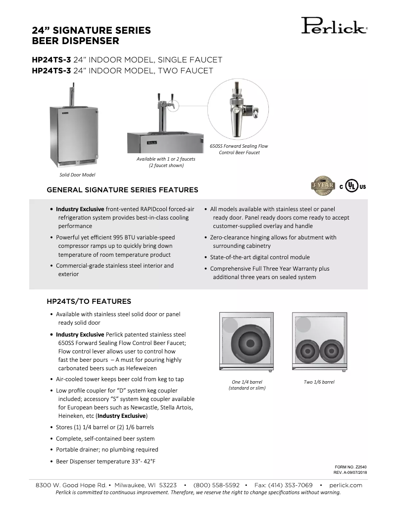 Página 1 del manual Ficha técnica Perlick Signature Series HP24T-S3-2L1
