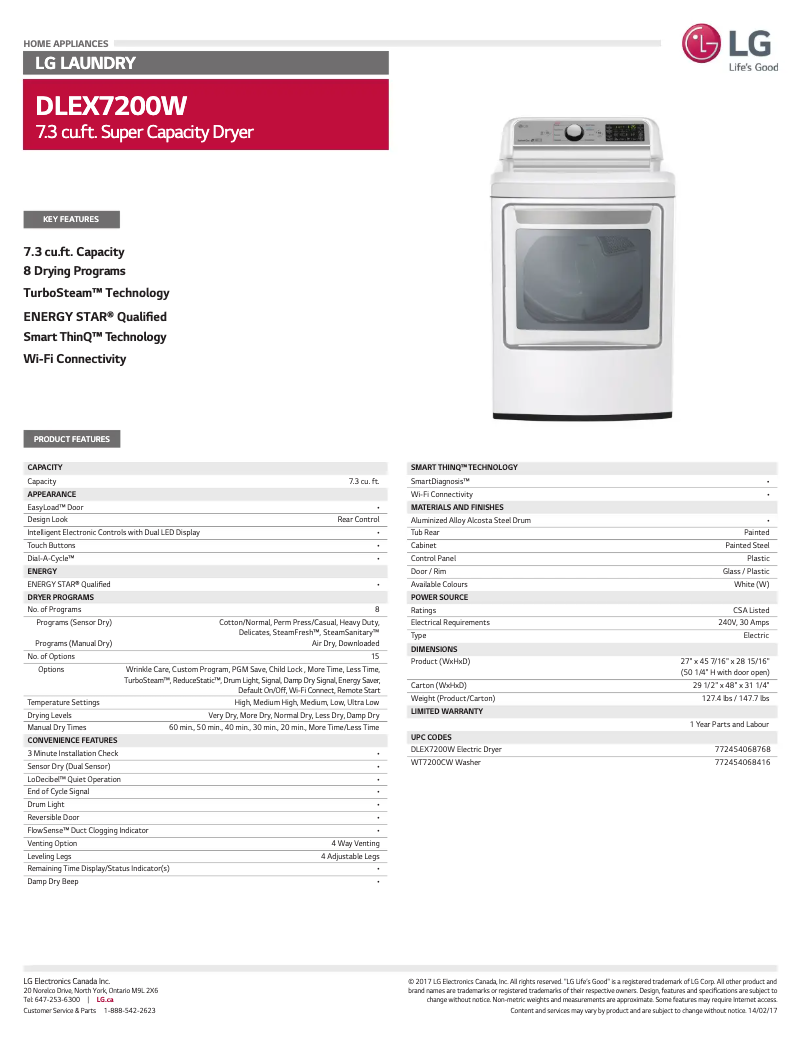 Página 1 del manual Ficha técnica LG DLEX7200W