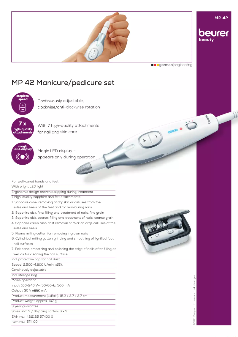 Página 1 del manual Ficha técnica Beurer MP 42