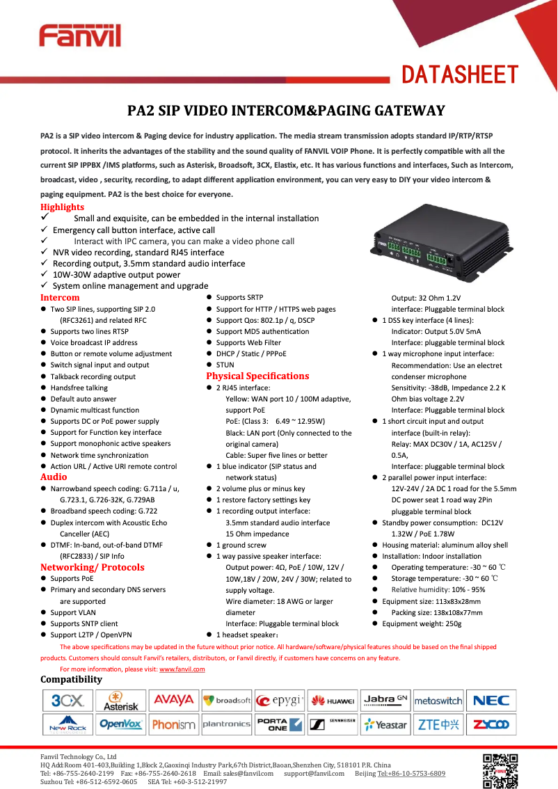 Página 1 del manual Ficha técnica Fanvil PA2