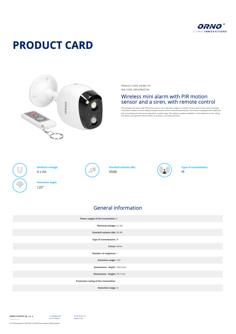 Página 1 del manual Ficha técnica ORNO OR-MA-715