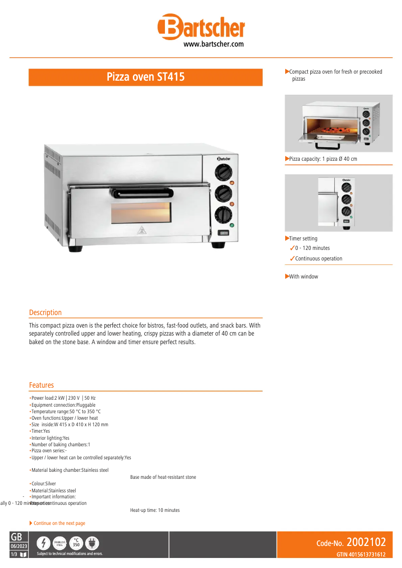 Página 1 del manual Ficha técnica Bartscher ST415