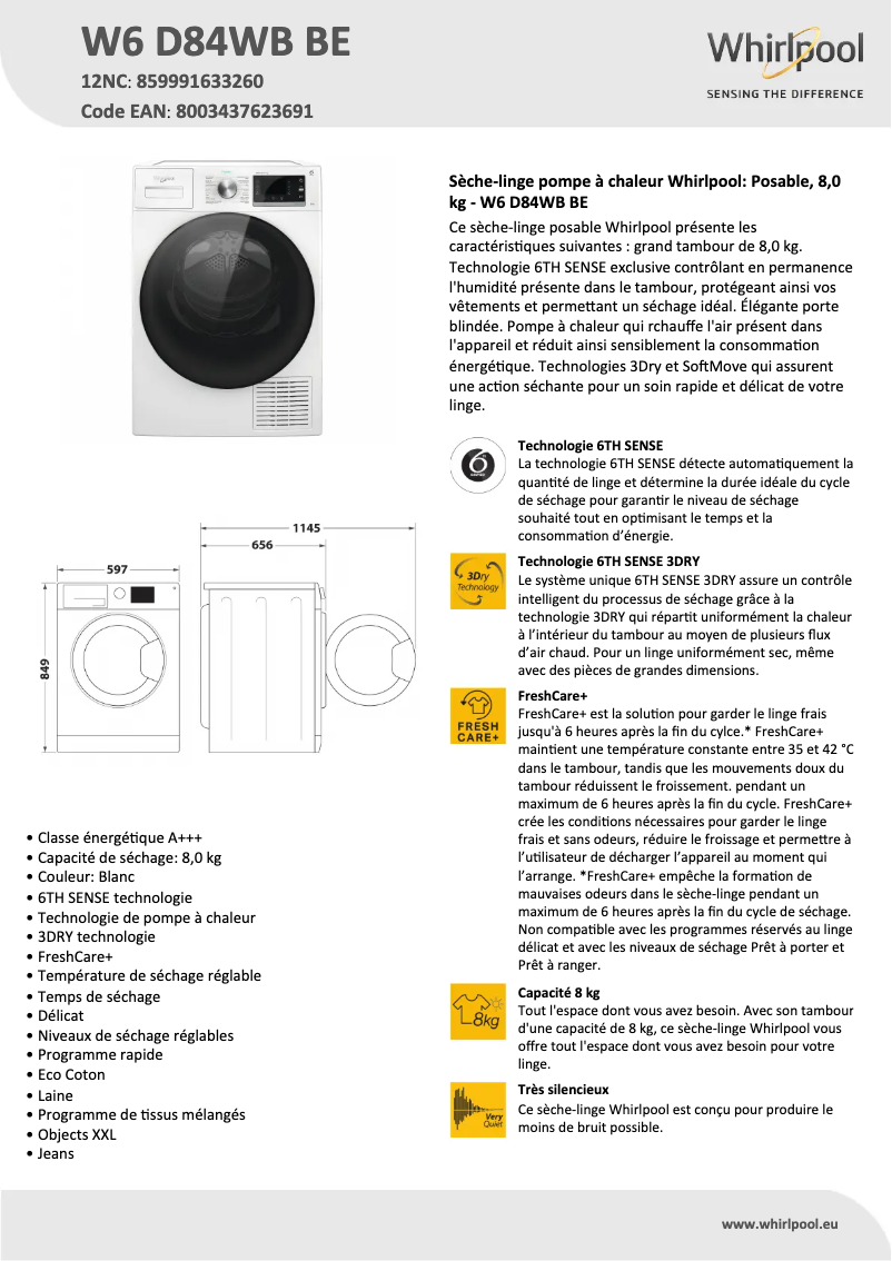 Página nº 1 - Ficha técnica Whirlpool W6 D84WB BE