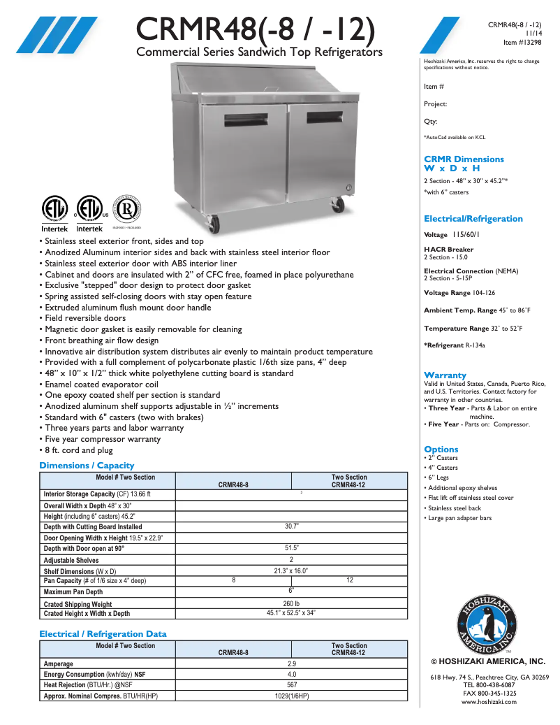 Página 1 del manual Ficha técnica Hoshizaki CRMR48-12