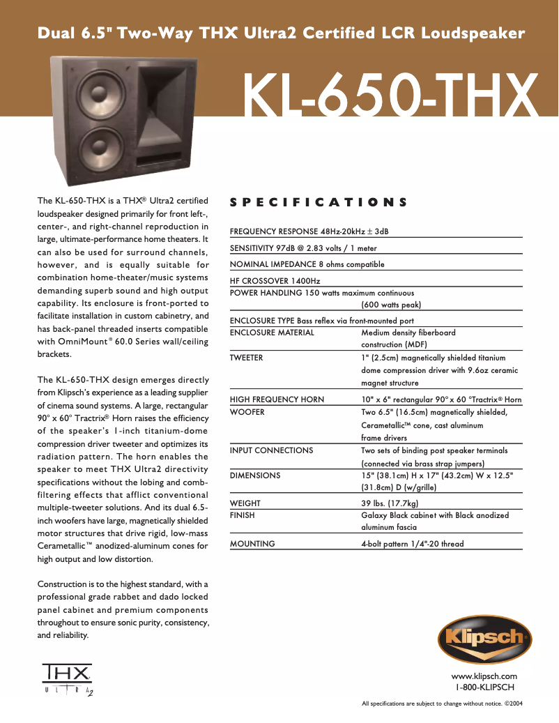 Página 1 del manual Ficha técnica Klipsch KL-650-THX