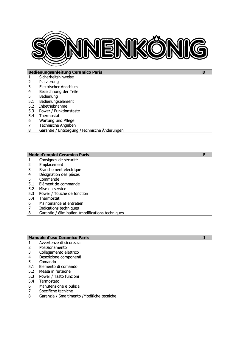 Página nº 1 - Manual de usuario Sonnenkönig Paris