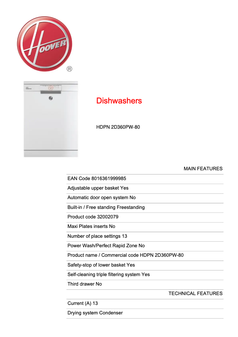 Página 1 del manual Ficha técnica Hoover HDPN 2D360PW-80