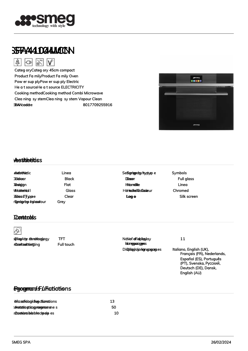 Página 1 del manual Ficha técnica Smeg SFA4104MCN