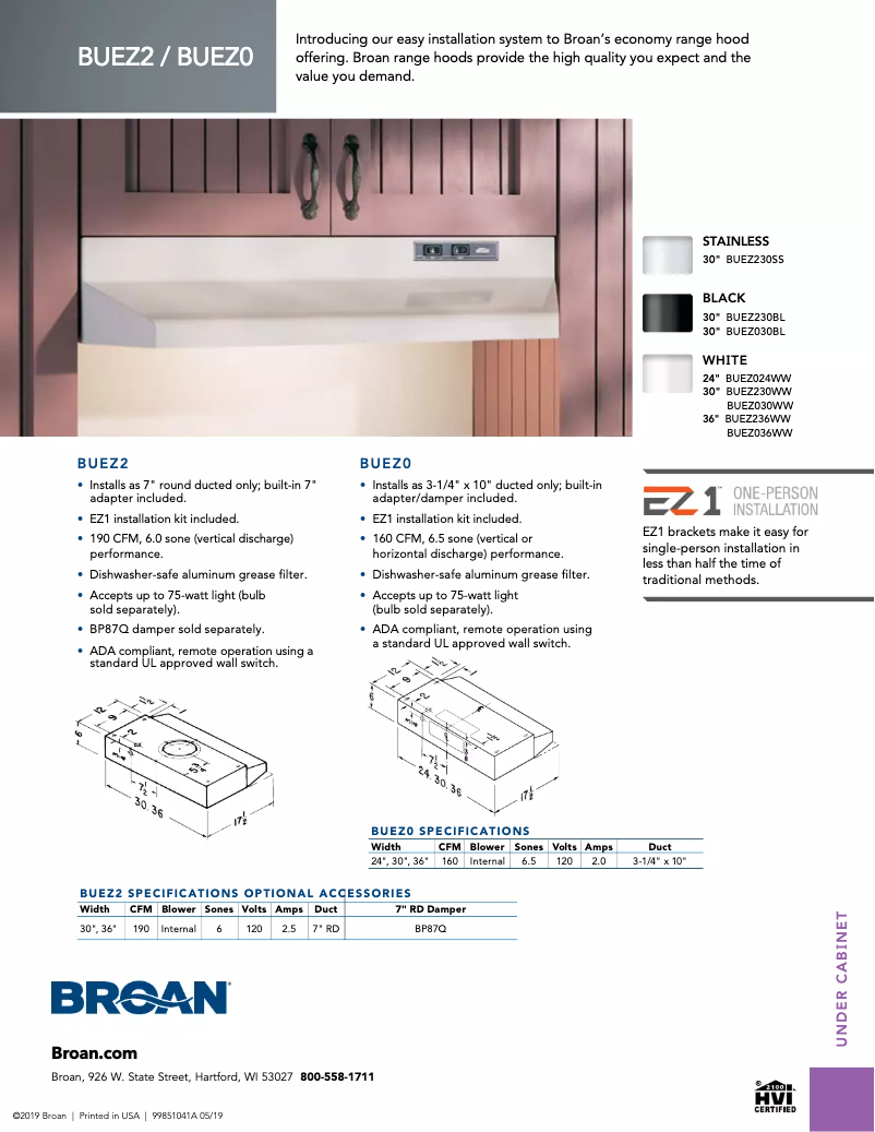 Página 1 del manual Ficha técnica Broan BUEZ2