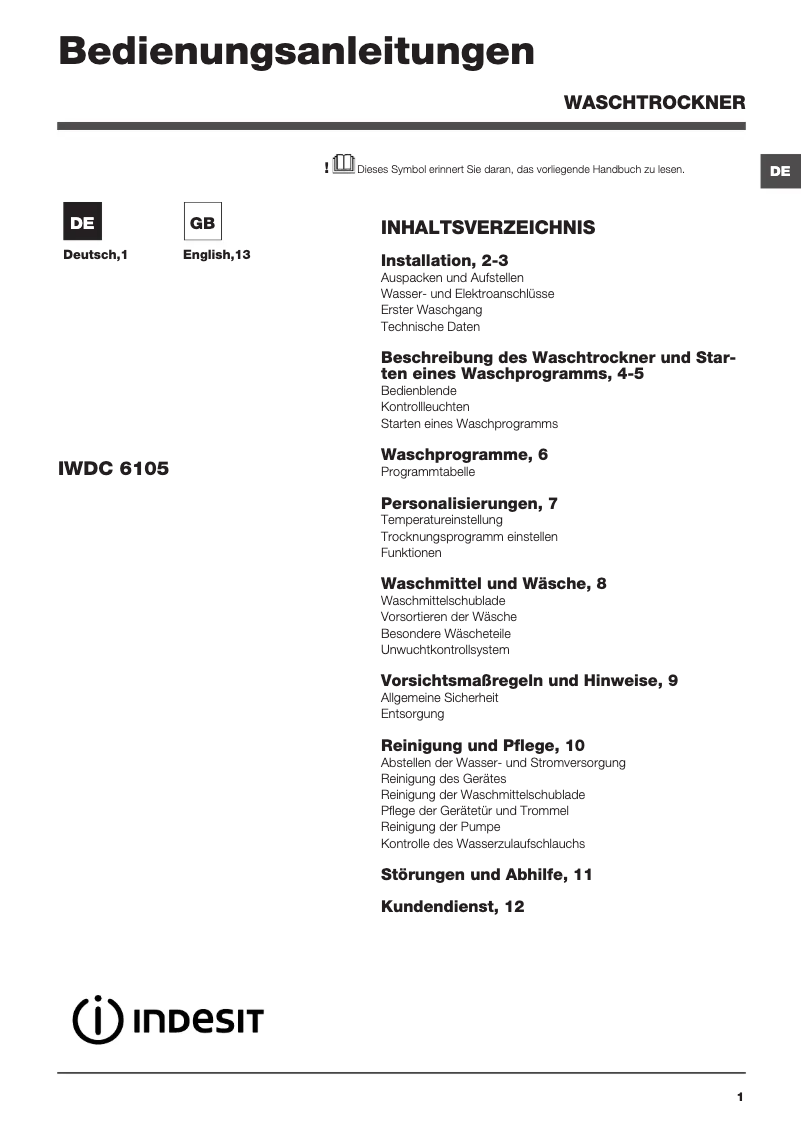 Página 1 del manual Manual de usuario Indesit IWDC 6105 (DE)