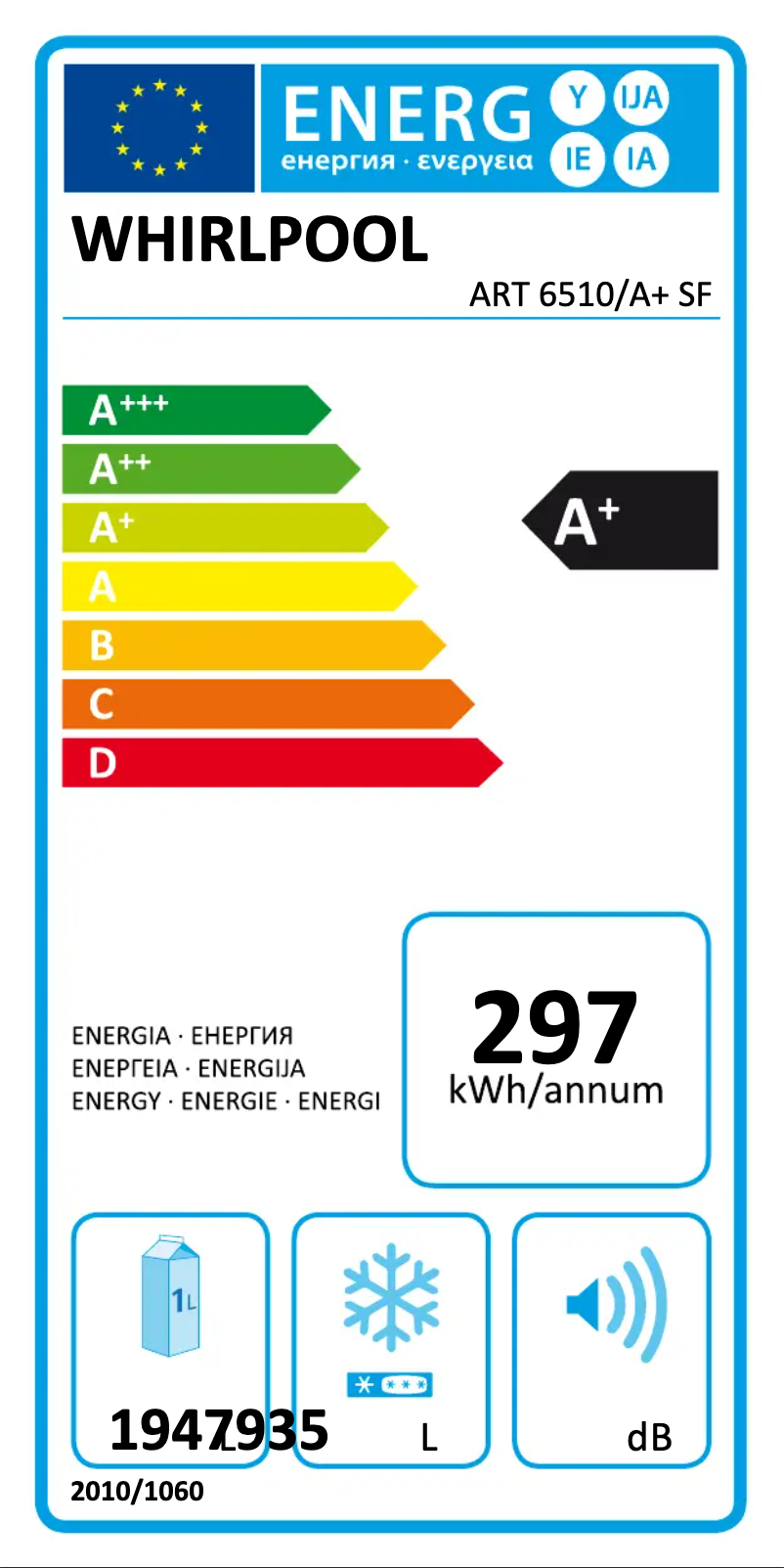 Página 1 del manual Etiqueta energética Whirlpool ART 6510/A+ SF