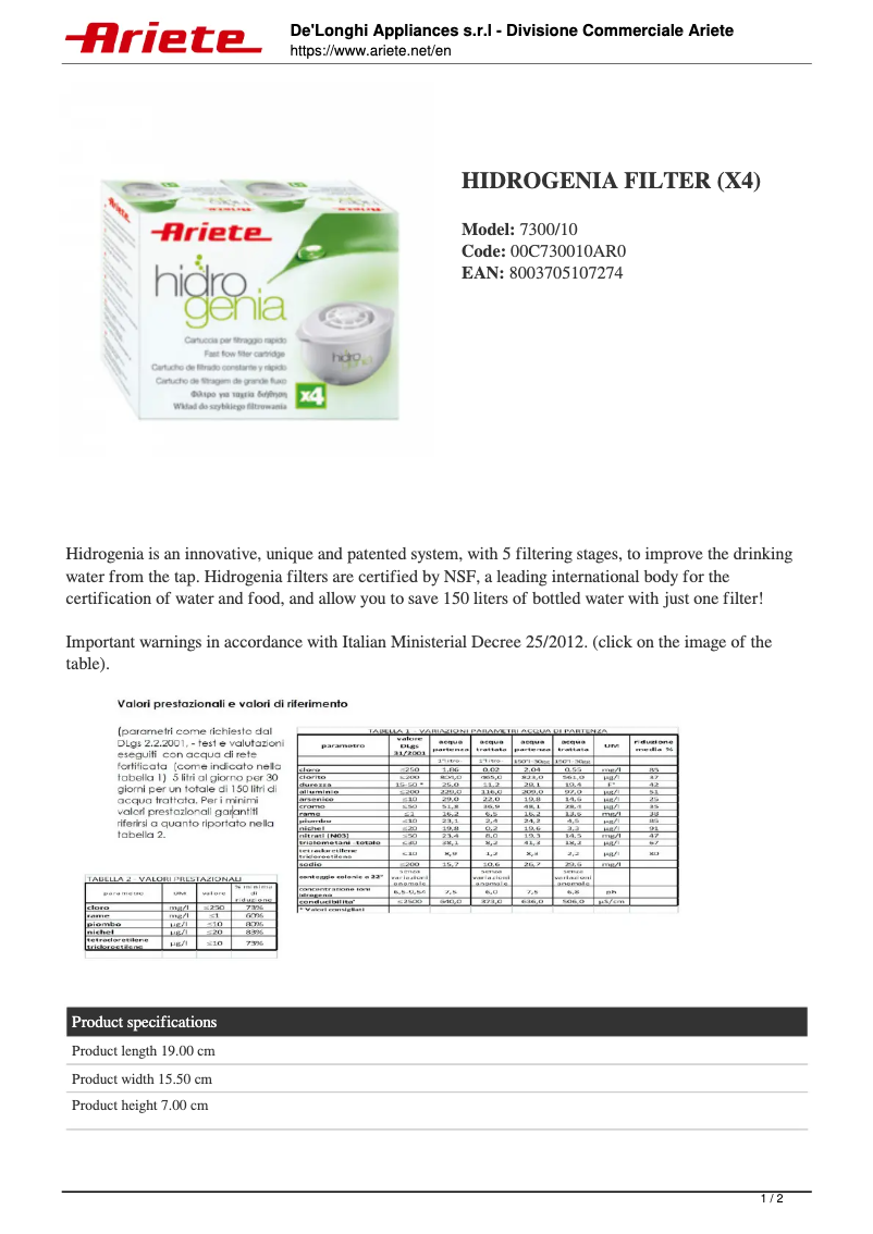 Página nº 1 - Manual de usuario Ariete Filtro Hidrogenia 7300