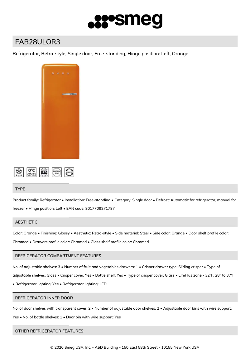 Página 1 del manual Ficha técnica Smeg FAB28ULOR3