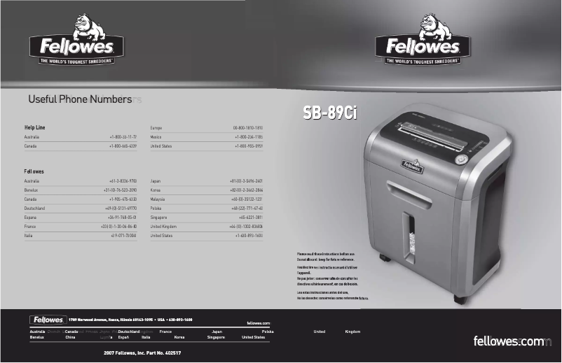 Página 1 del manual Manual de usuario Fellowes Intellishred SB-89Ci