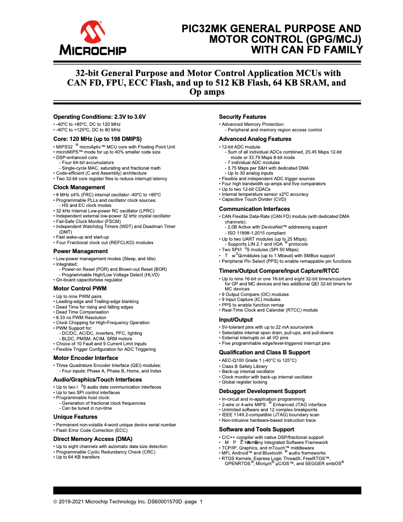 Página nº 1 - Ficha técnica Microchip PIC32MK0256GPG048