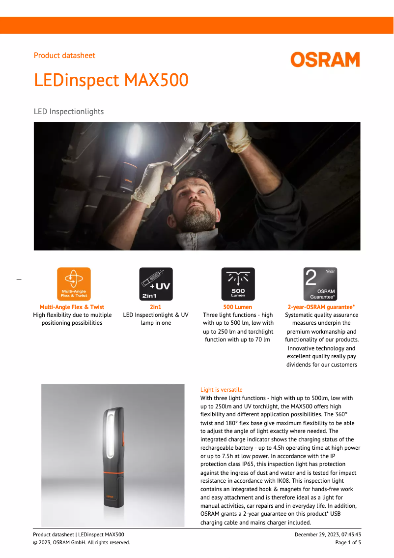 Página 1 del manual Ficha técnica Osram LEDinspect MAX500