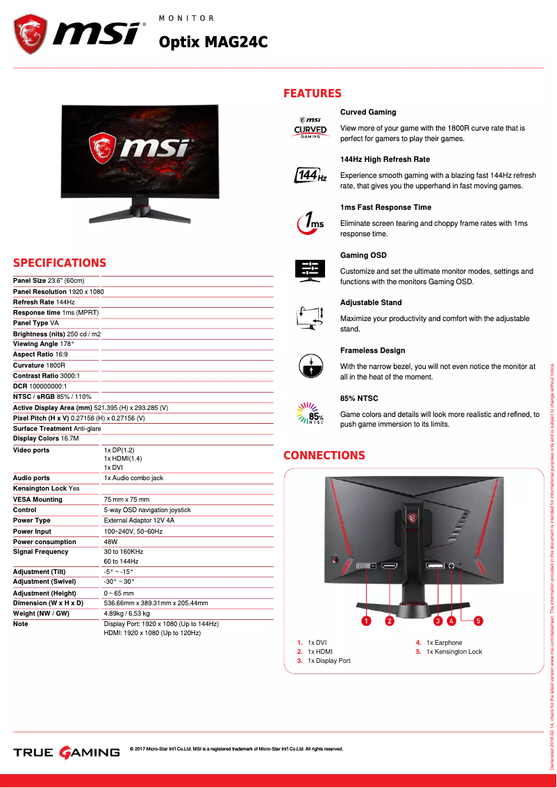 Página nº 1 - Ficha técnica MSI Optix MAG24C